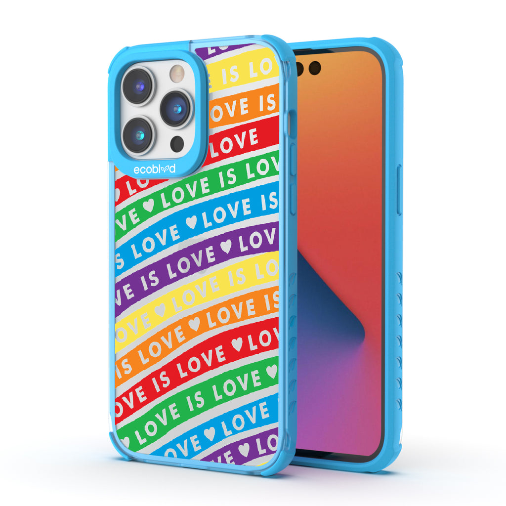 Love Unites All - Back View Of Blue & Clear Eco-Friendly iPhone 14 Pro Case & A Front View Of The Screen