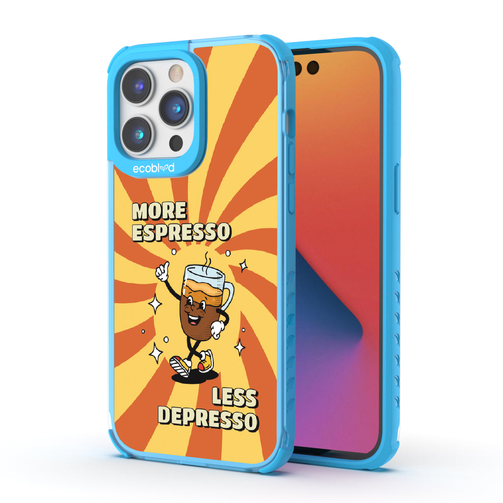 Front and back view of iPhone 14 Pro Max case, clear compostable phone case with green ridges, More Espresso  design