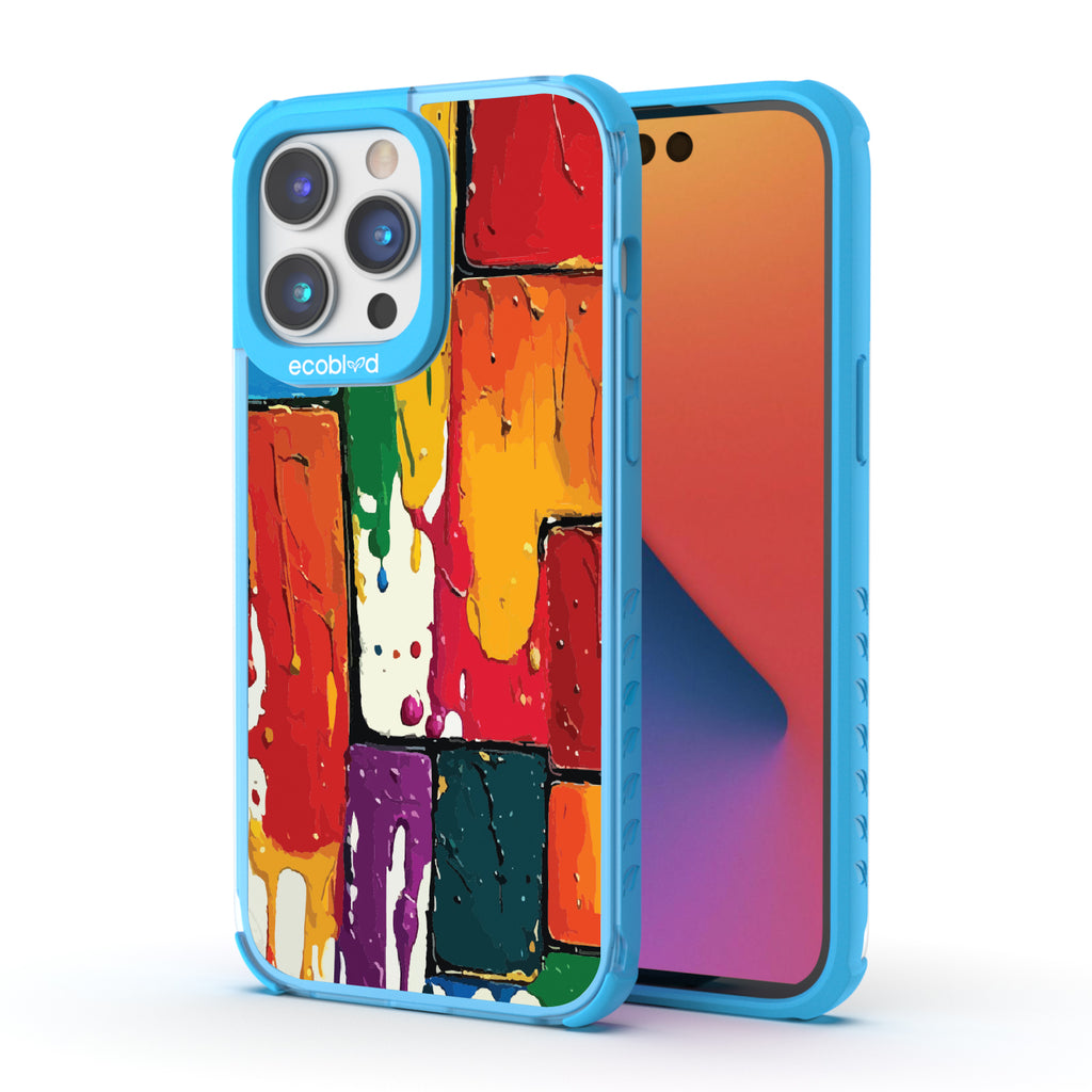 Front and back view of iPhone 14 Pro case, clear compostable phone case with blue ridges, Color Me Mine design