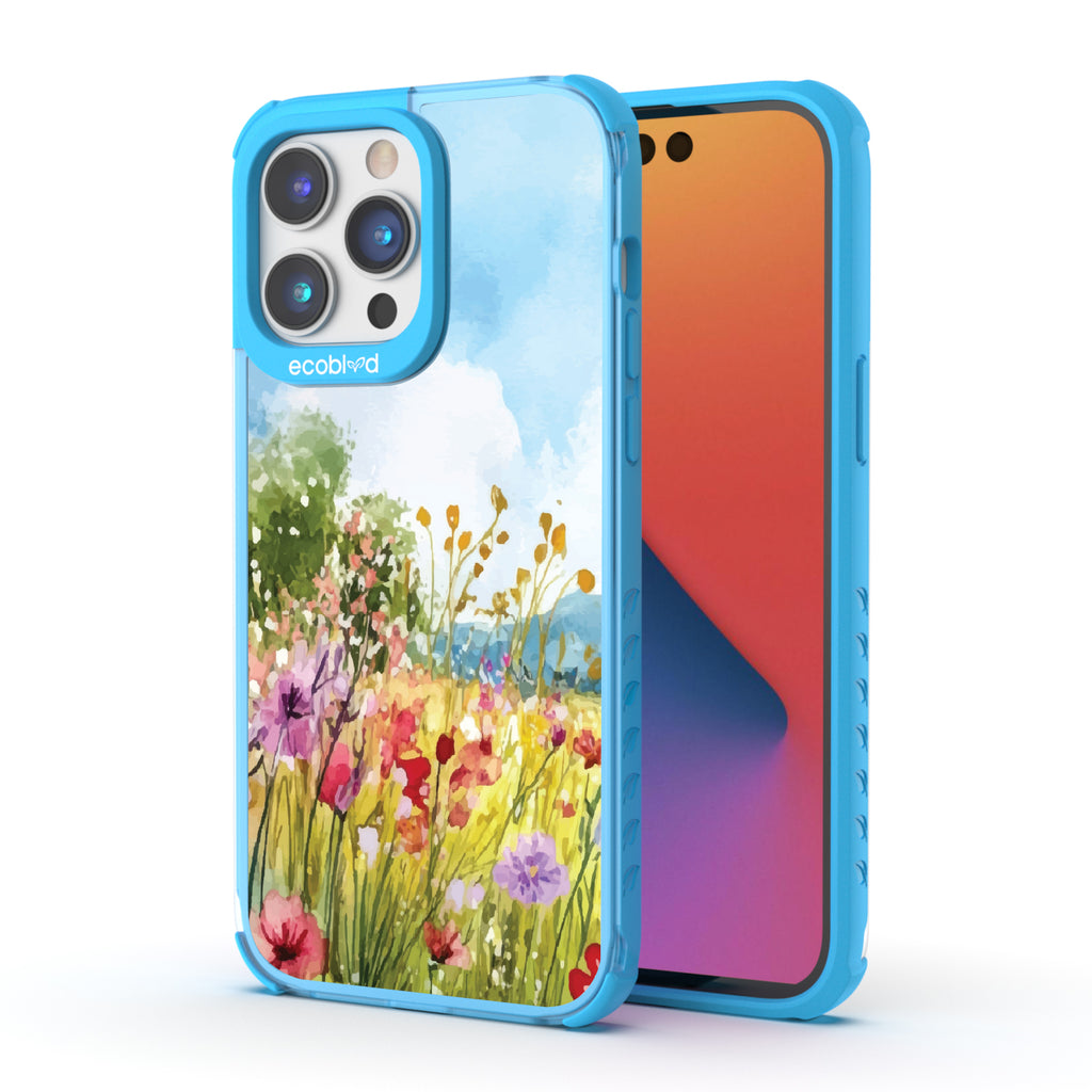 Front and back view of iPhone 14 Pro Max case, clear compostable phone case with blue ridges, Everwild design