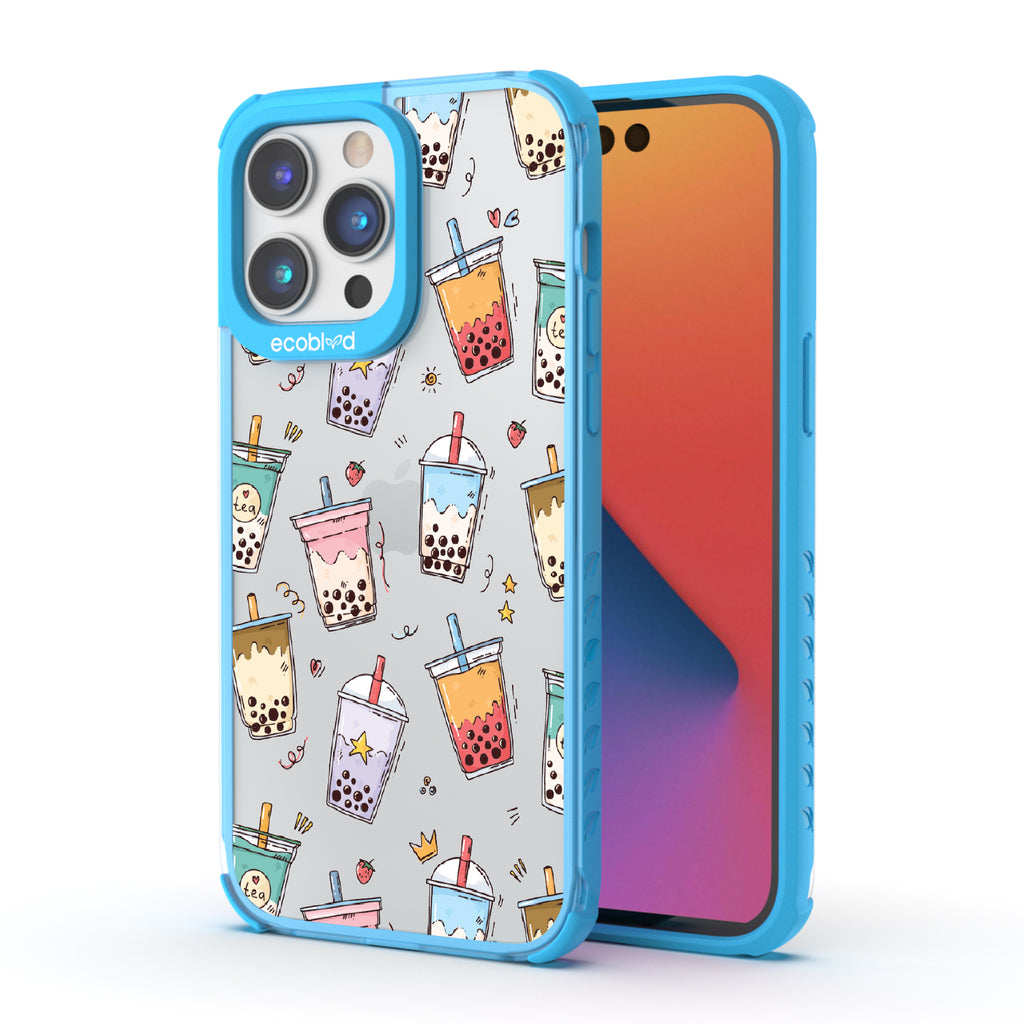 Front and back view of iPhone 14 Pro Max case, clear compostable phone case with blue ridges, Best-Teas design