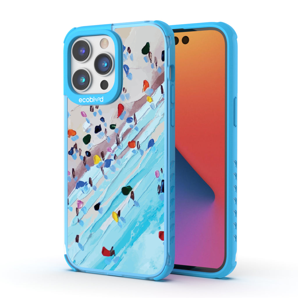 Front and back view of iPhone 14 Pro Max case, clear compostable phone case with blue ridges, Waves of Color design
