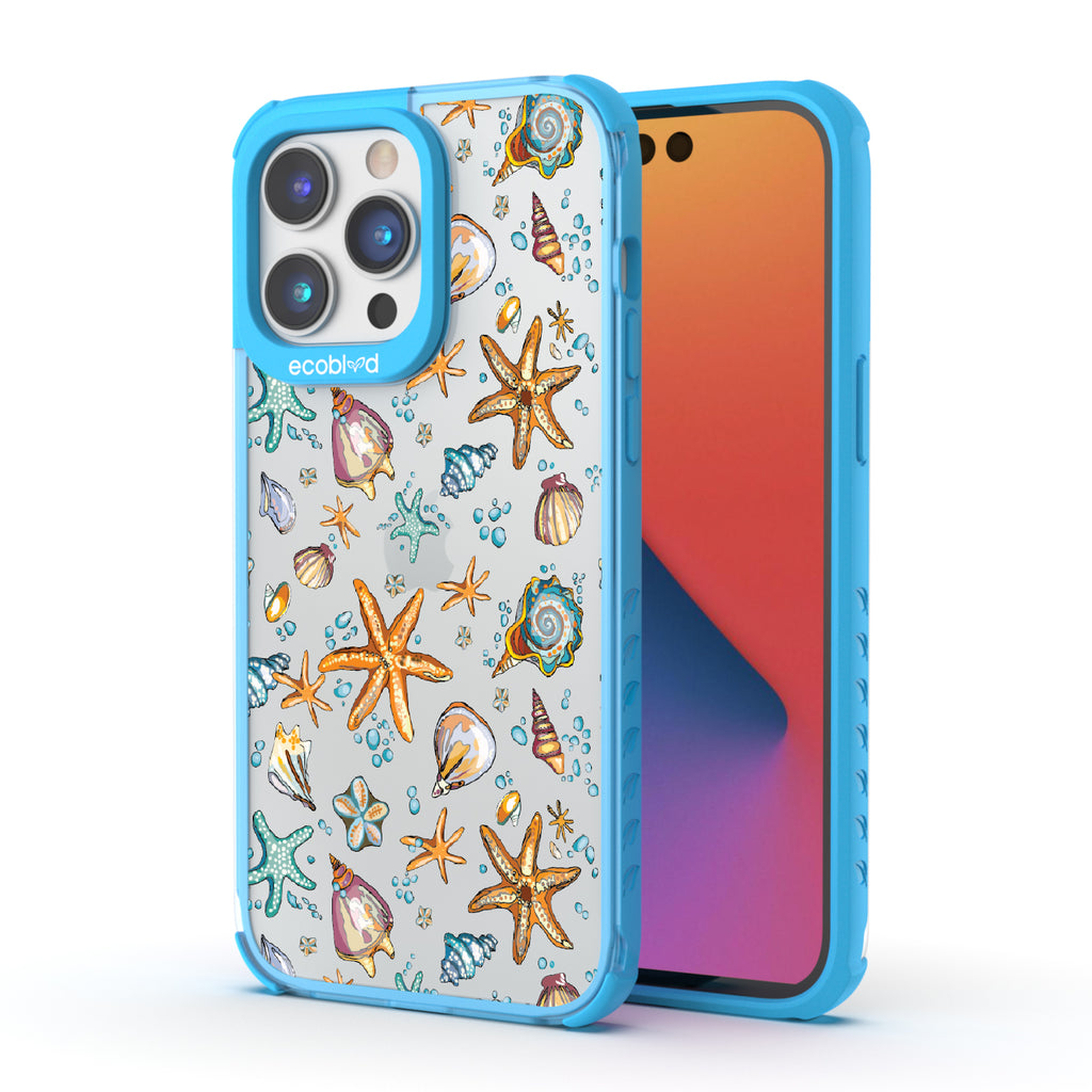 Front and back view of iPhone 14 Pro Max case, clear compostable phone case with blue ridges, By The Sea Shore design