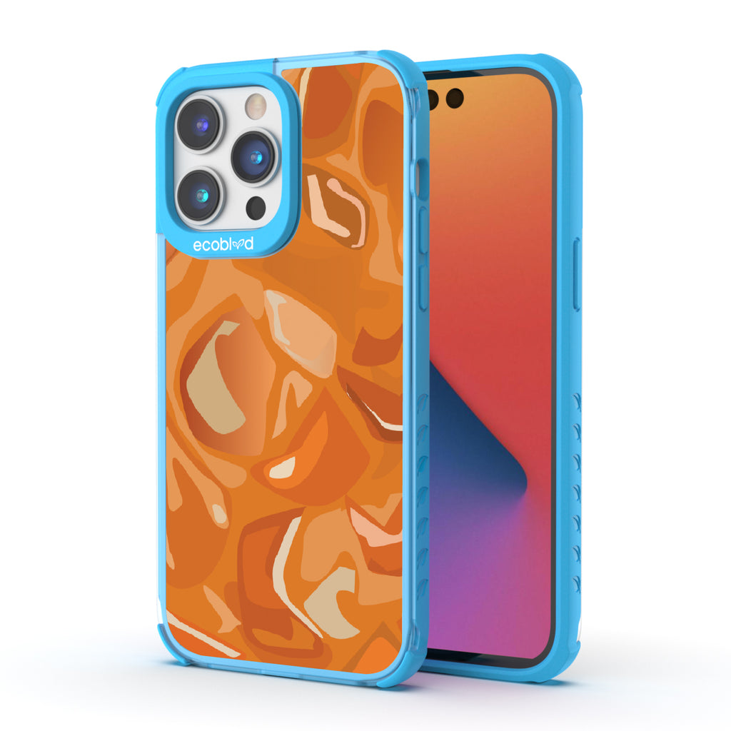 Front and back view of iPhone 14 Pro Max case, clear compostable phone case with blue ridges, Cream & Sugar design