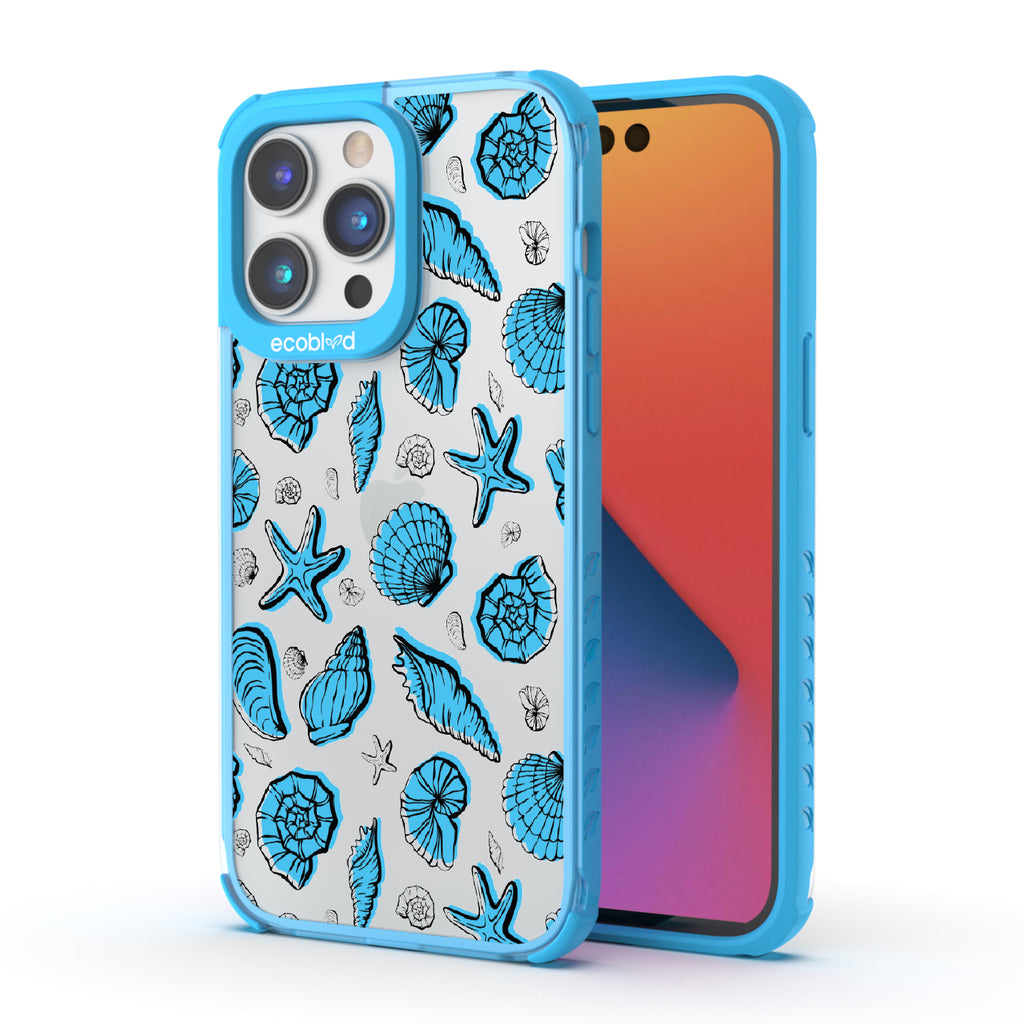 Seashells Seashore - Back View Of Blue & Clear Eco-Friendly iPhone 14 Pro Max Case & A Front View Of The Screen