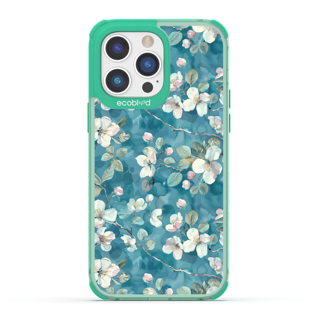 iPhone 14 Pro case, clear eco-friendly phone case with green ridges, back view, Sway & Sprout design