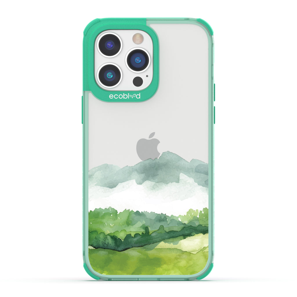 iPhone 14 Pro Max case, clear eco-friendly phone case with green ridges, back view, Open Horizon design