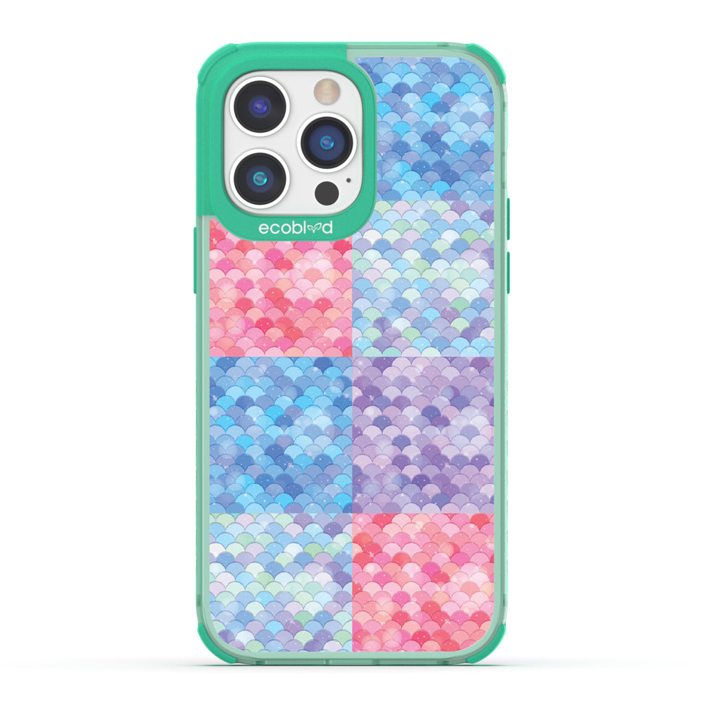 iPhone 14 Pro Max case, clear eco-friendly phone case with green ridges, back view, Mermaid design