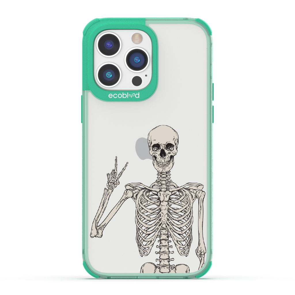 Creepin' It Real - Green Eco-Friendly iPhone 14 Pro Case With Skeleton Giving A Peace Sign On A Clear Back