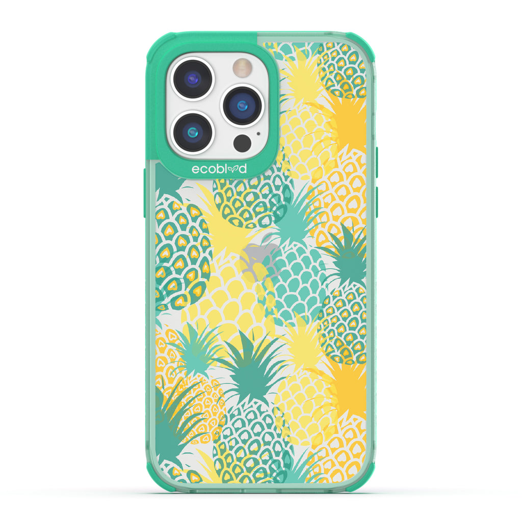 Pineapple Breeze - Green Eco-Friendly iPhone 14 Pro Case With Tropical Colored Pineapples On A Clear Back