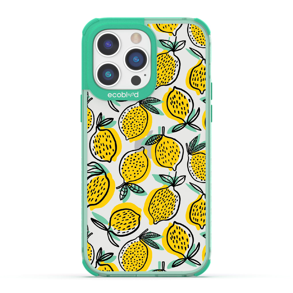 Lemon Drop - Green Eco-Friendly iPhone 14 Pro Max Case With Retro Lemon Print On A Clear Back
