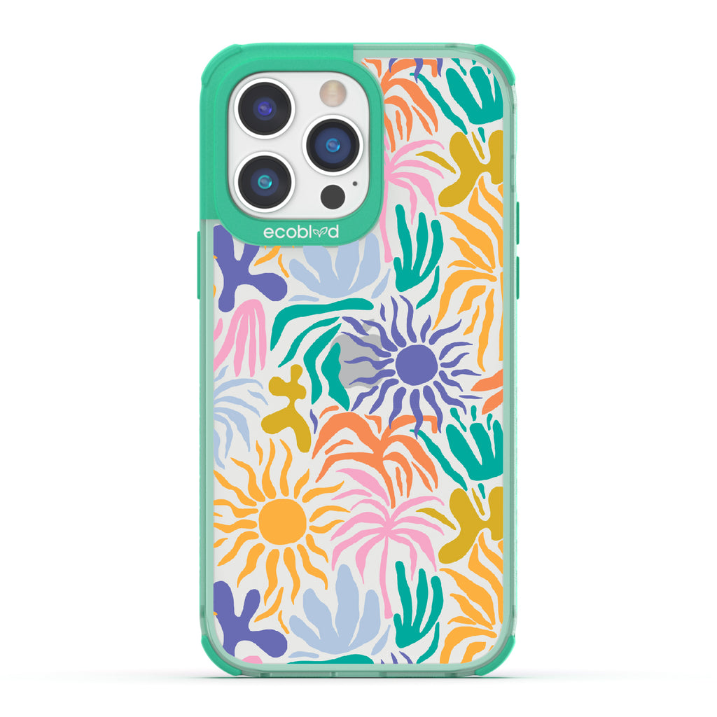 Sun-Kissed - Green Eco-Friendly iPhone 14 Pro Max Case With Sunflower Print + The Sun As The Flower On A Clear Back