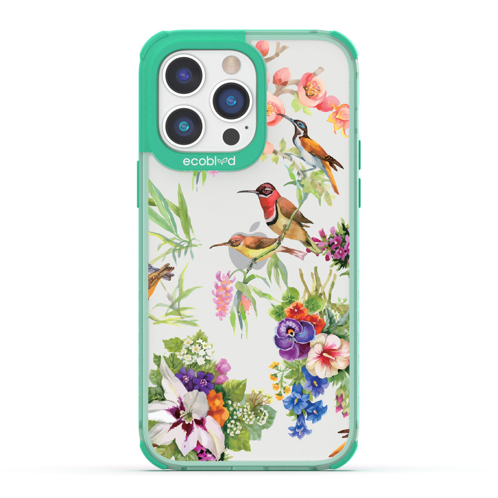 Sweet Nectar - Green Eco-Friendly iPhone 14 Pro Max Case With Humming Birds, Colorful Garden Flowers On A Clear Back