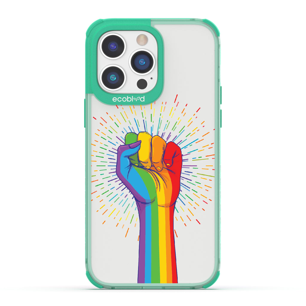 Rise With Pride - Green Eco-Friendly iPhone 14 Pro Case With Raised Fist In Rainbow Colors On A Clear Back