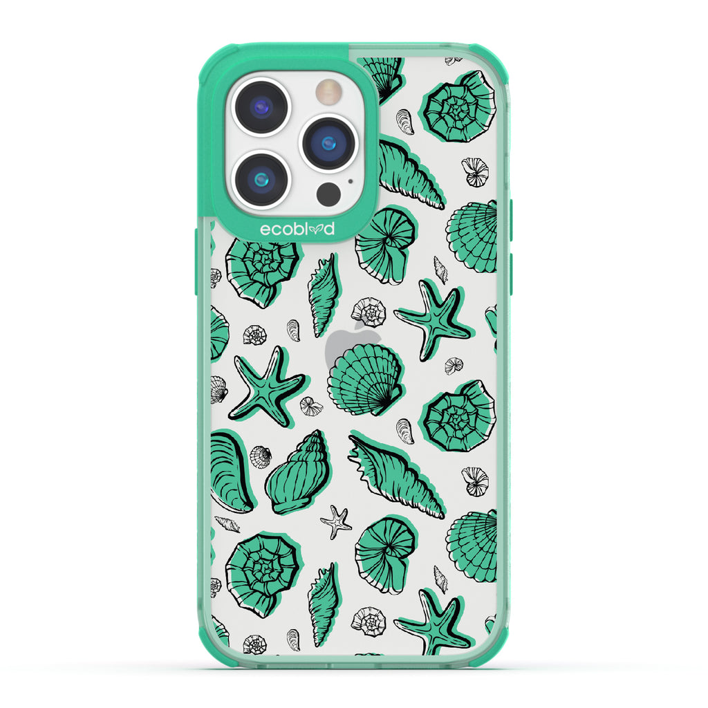 Seashells Seashore - Green Eco-Friendly iPhone 14 Pro Case With Seashells and Starfish On A Clear Back