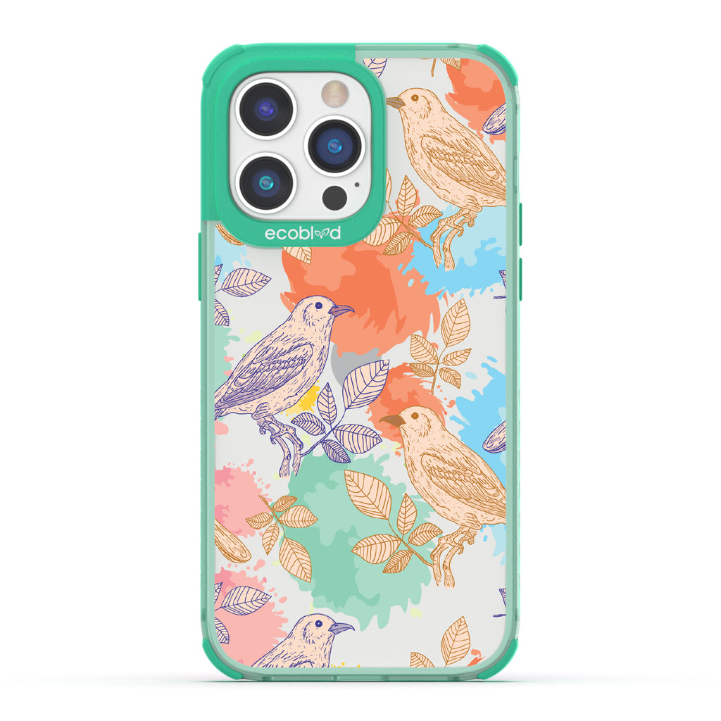 Perch Perfect - Green Eco-Friendly iPhone 14 Pro Case With Birds On Branches & Splashes Of Color On A Clear Back
