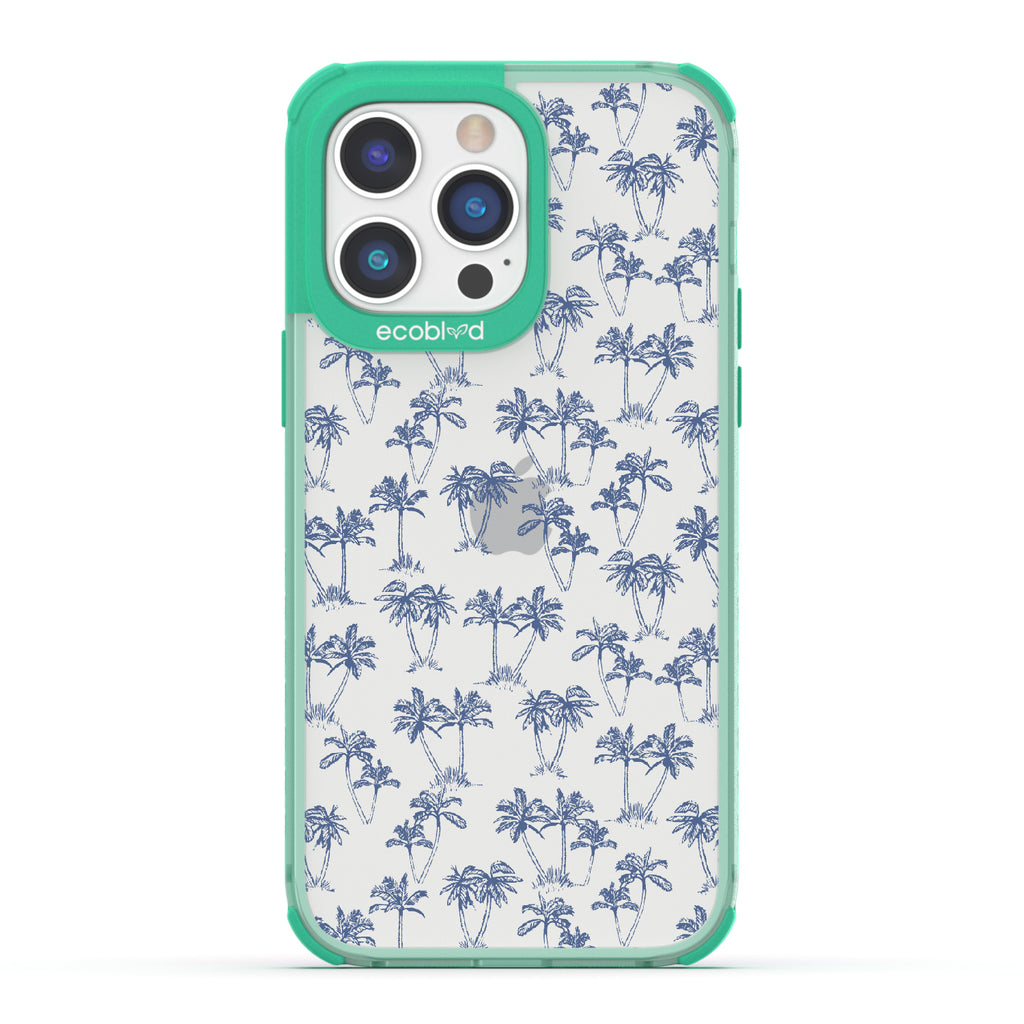  Endless Summer - Green Eco-Friendly iPhone 14 Pro Max Case With 50's-Style Blue Palm Trees Print On A Clear Back