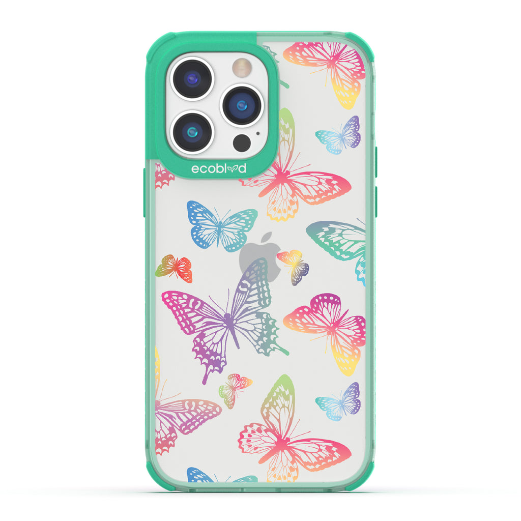 Butterfly Effect - Green Eco-Friendly iPhone 14 Pro Max Case With Multi-Colored Neon Butterflies On A Clear Back