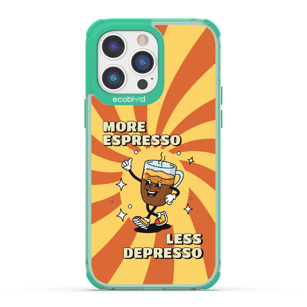 iPhone 14 Pro Max case, clear eco-friendly phone case with green ridges, back view, More Espresso design
