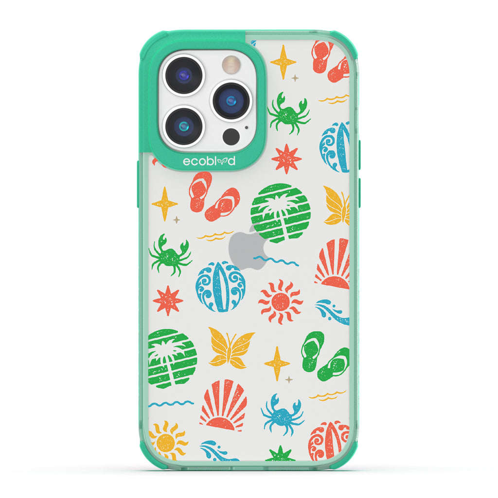 Island Time - Green Eco-Friendly iPhone 14 Pro Case With Surfboard Art Of Crabs, Sandals, Waves & More On A Clear Back