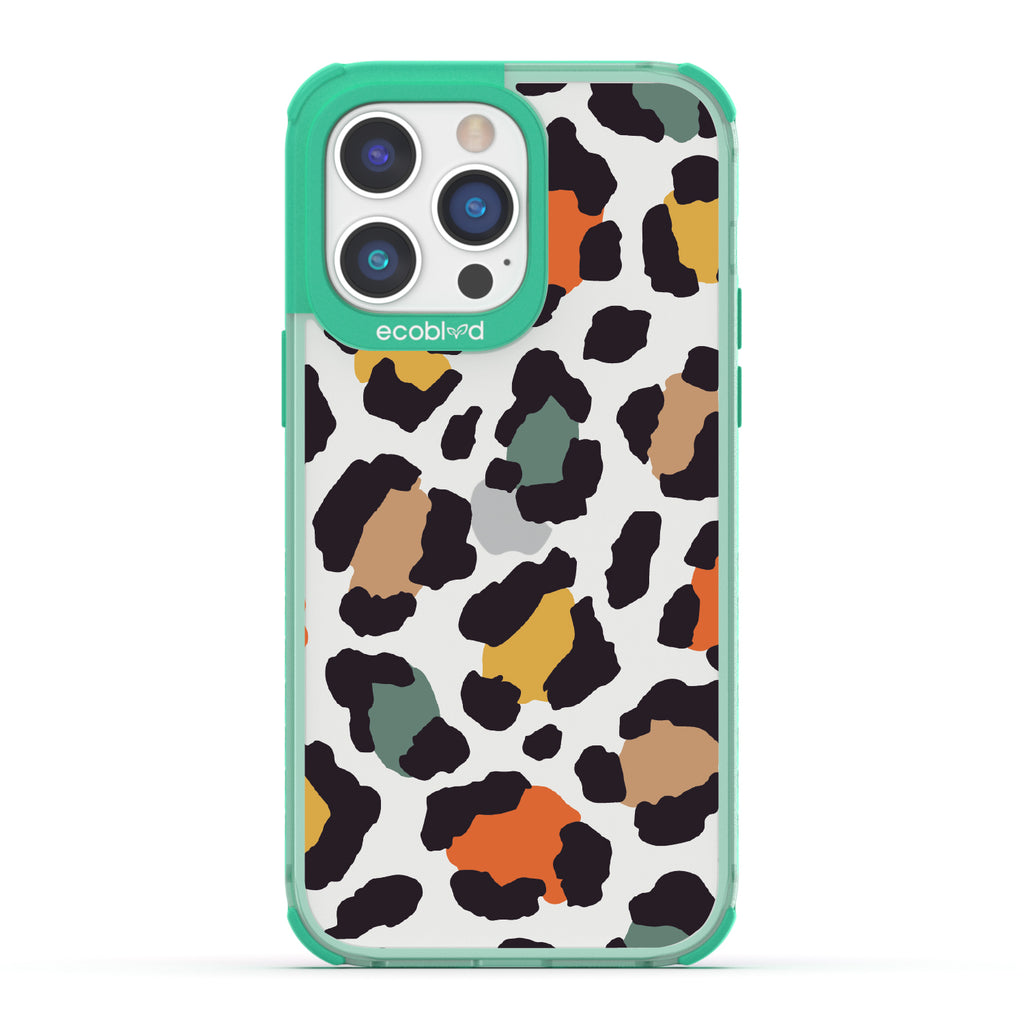 Cheetahlicious - Green Eco-Friendly iPhone 14 Pro Case With Multi-Colored Cheetah Print On A Clear Back