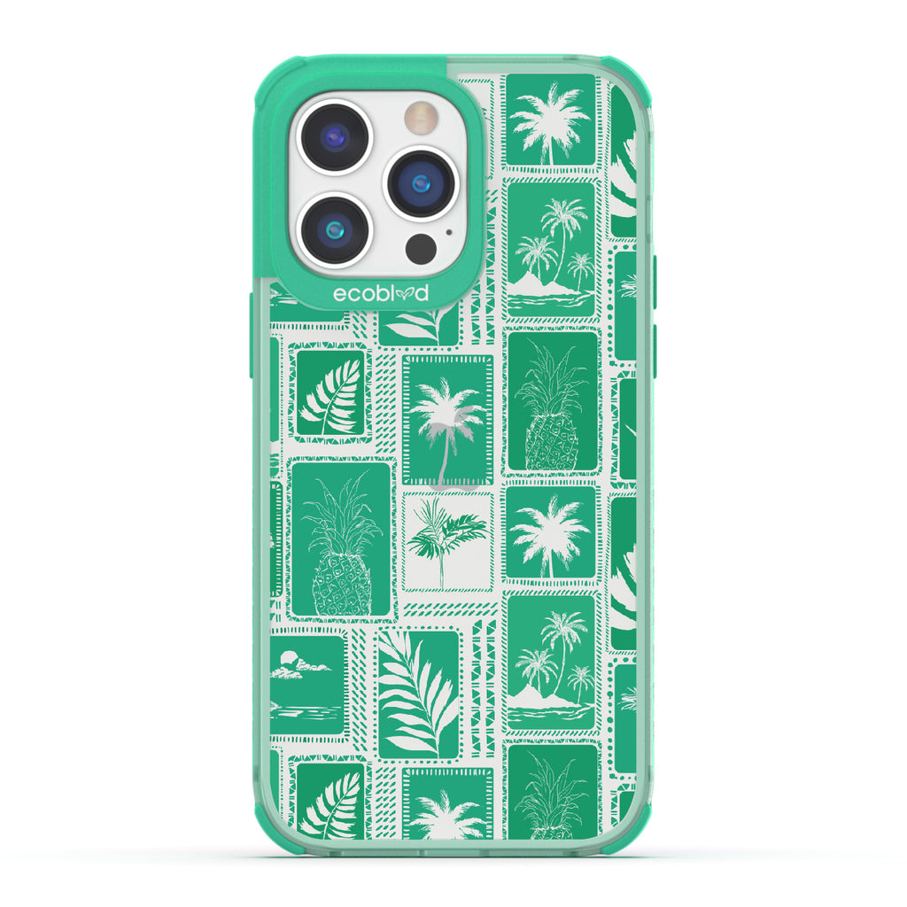 Oasis - Green Eco-Friendly iPhone 14 Pro Max Case With Tropical Shirt Palm Trees & Pineapple Print On A Clear Back