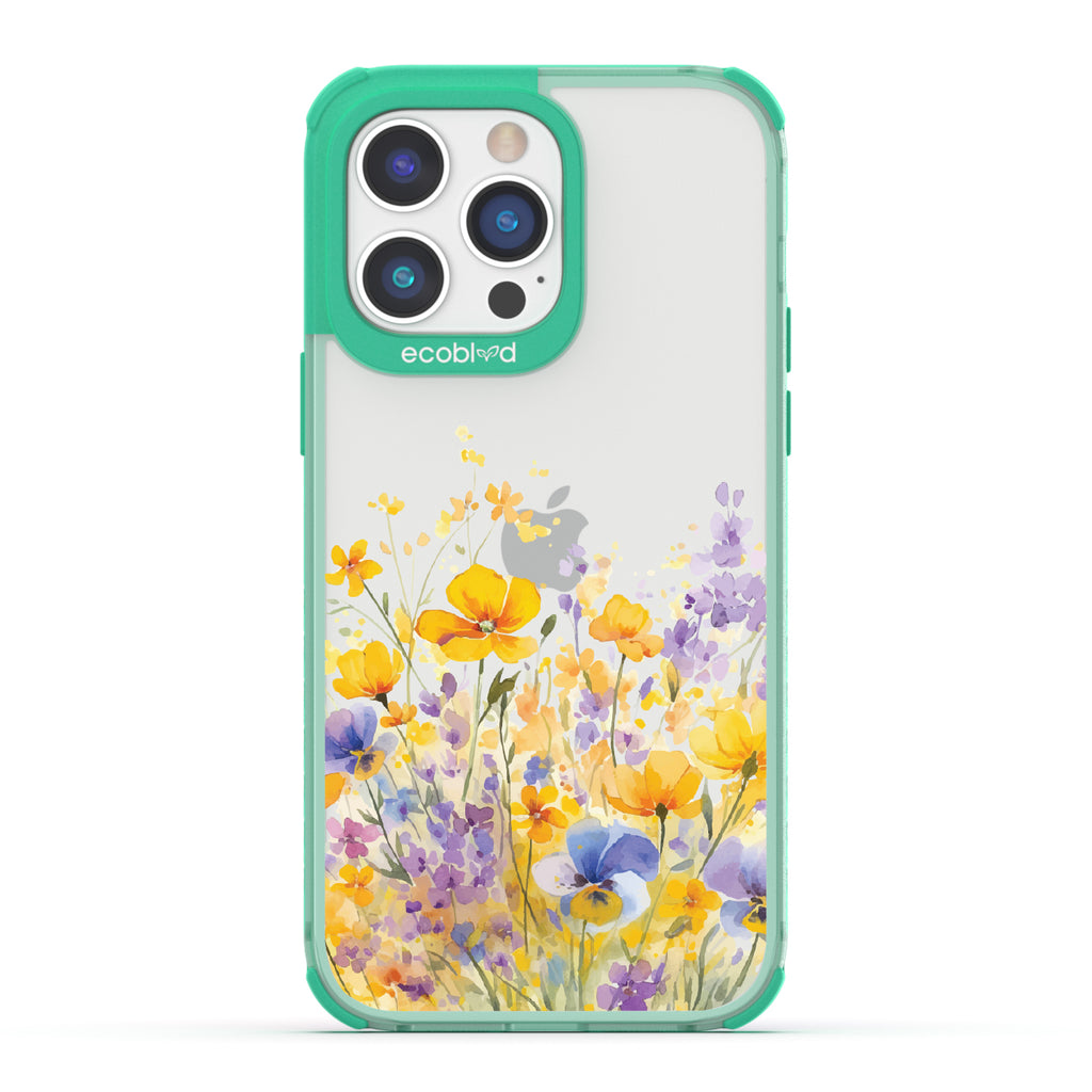 iPhone 14 Pro Max case, clear eco-friendly phone case with green ridges, back view, Meadowlight design