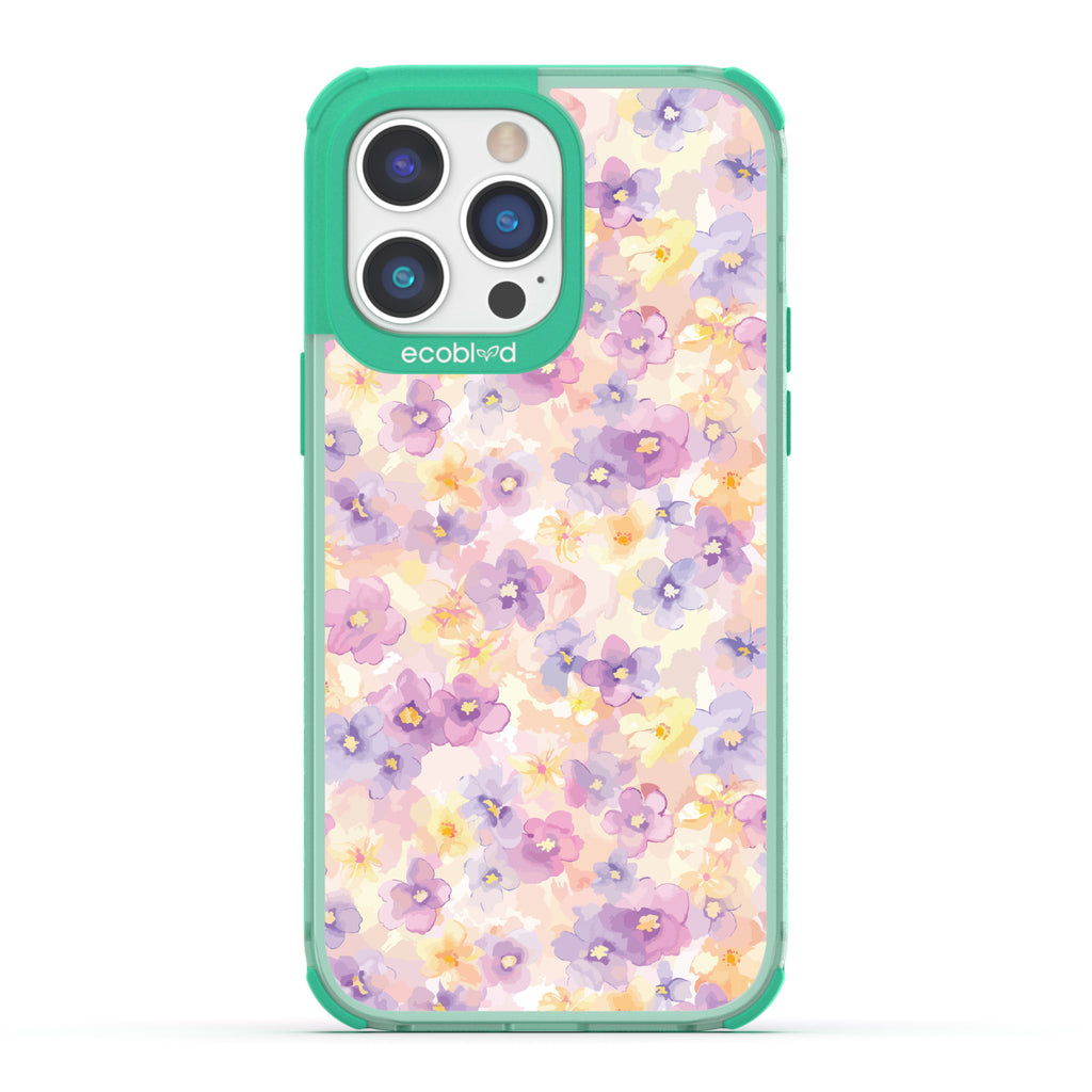 iPhone 14 Pro case, clear eco-friendly phone case with green ridges, back view, Flowering Thoughts design