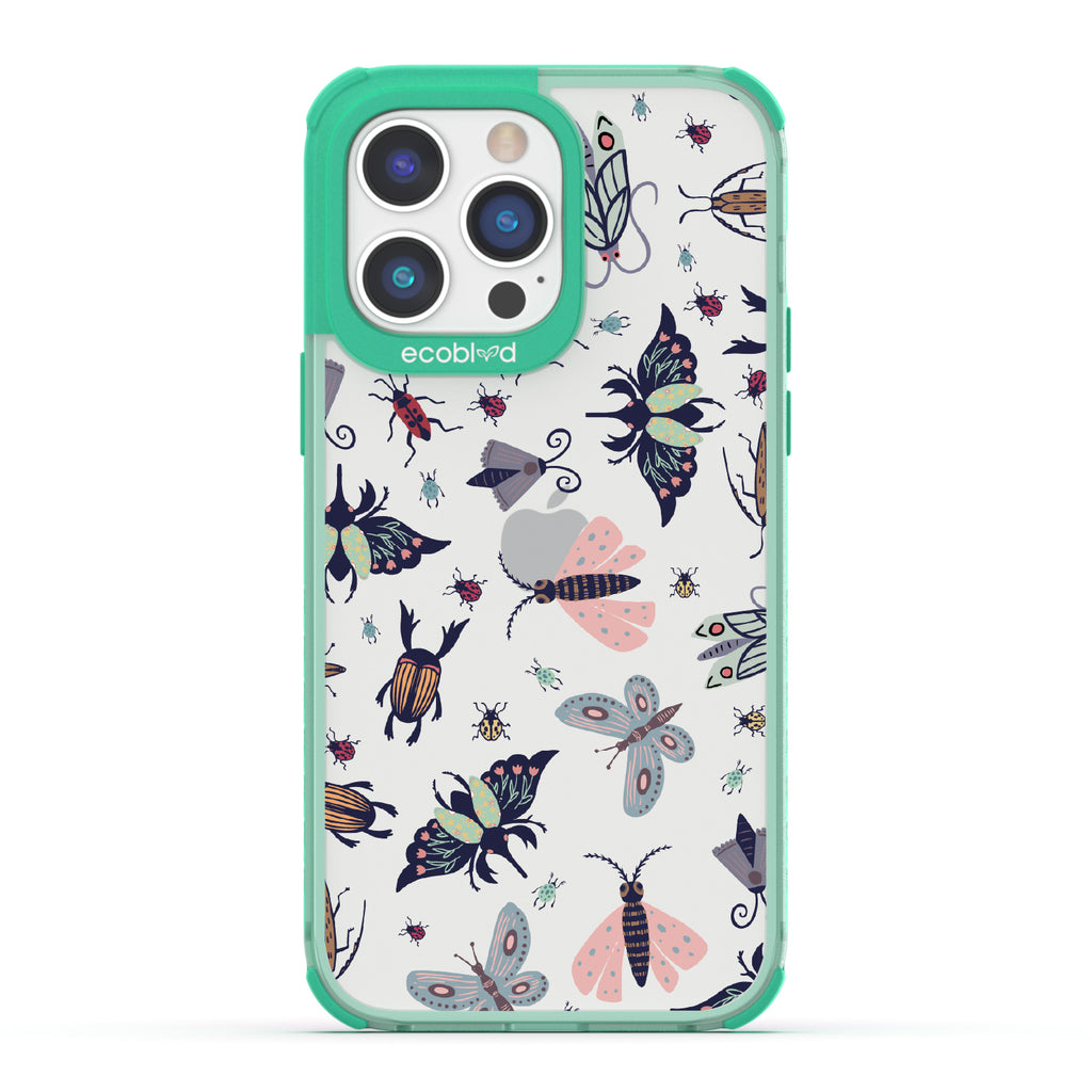 Bug Out - Green Eco-Friendly iPhone 14 Pro Max Case With Butterflies, Moths, Dragonflies, And Beetles On A Clear Back