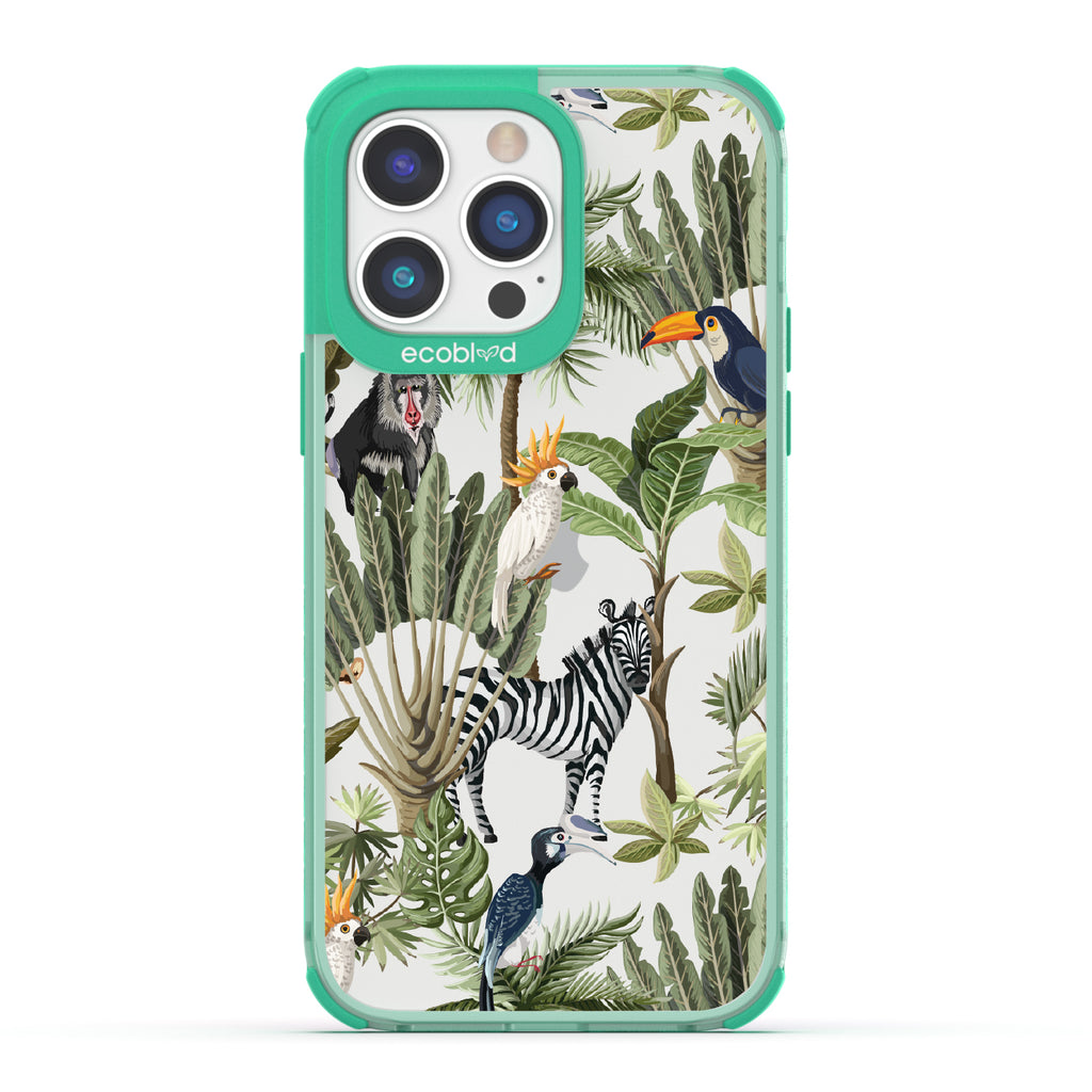Toucan Play That Game - Green Eco-Friendly iPhone 14 Pro Max Case With Jungle Fauna, Toucan, Zebra & More On A Clear Back