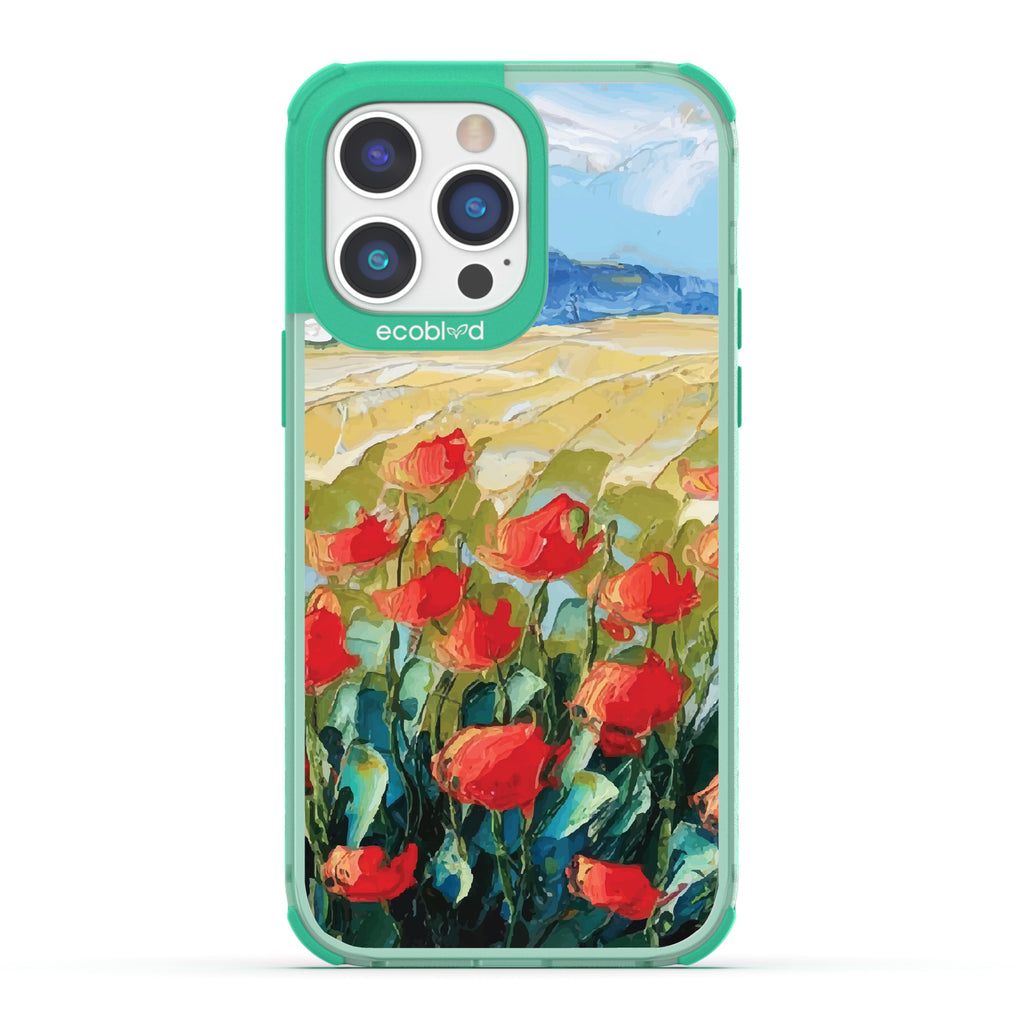 iPhone 14 Pro Max case, clear eco-friendly phone case with green ridges, back view, Sleepy Bloom design
