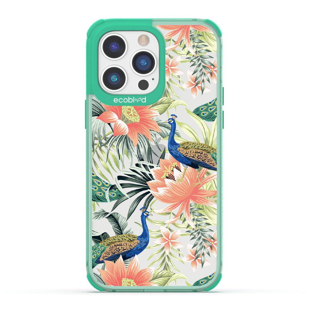 Peacock Palace - Green Eco-Friendly iPhone 14 Pro Case With Peacocks + Colorful Tropical Fauna On A Clear Back