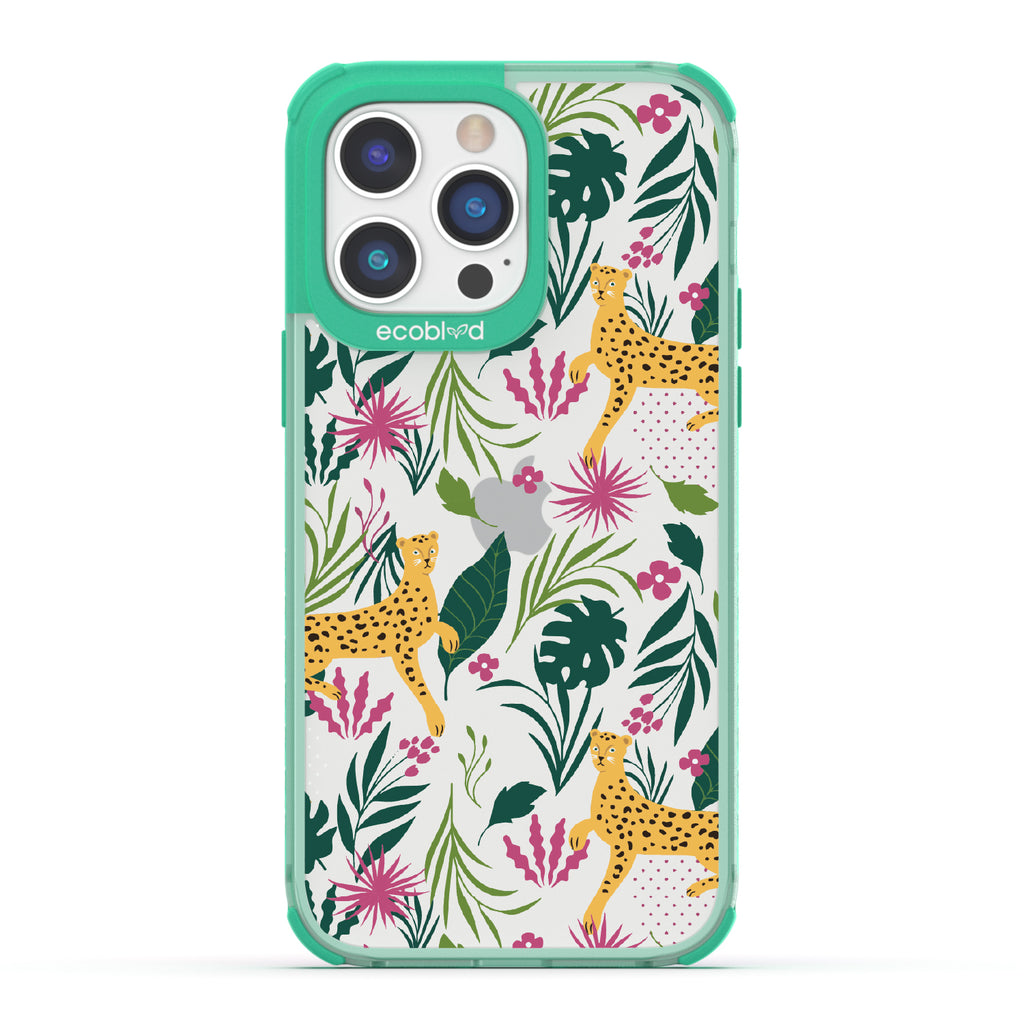 Jungle Boogie - Green Eco-Friendly iPhone 14 Pro Case With Cheetahs Among Lush Colorful Jungle Foliage On A Clear Back