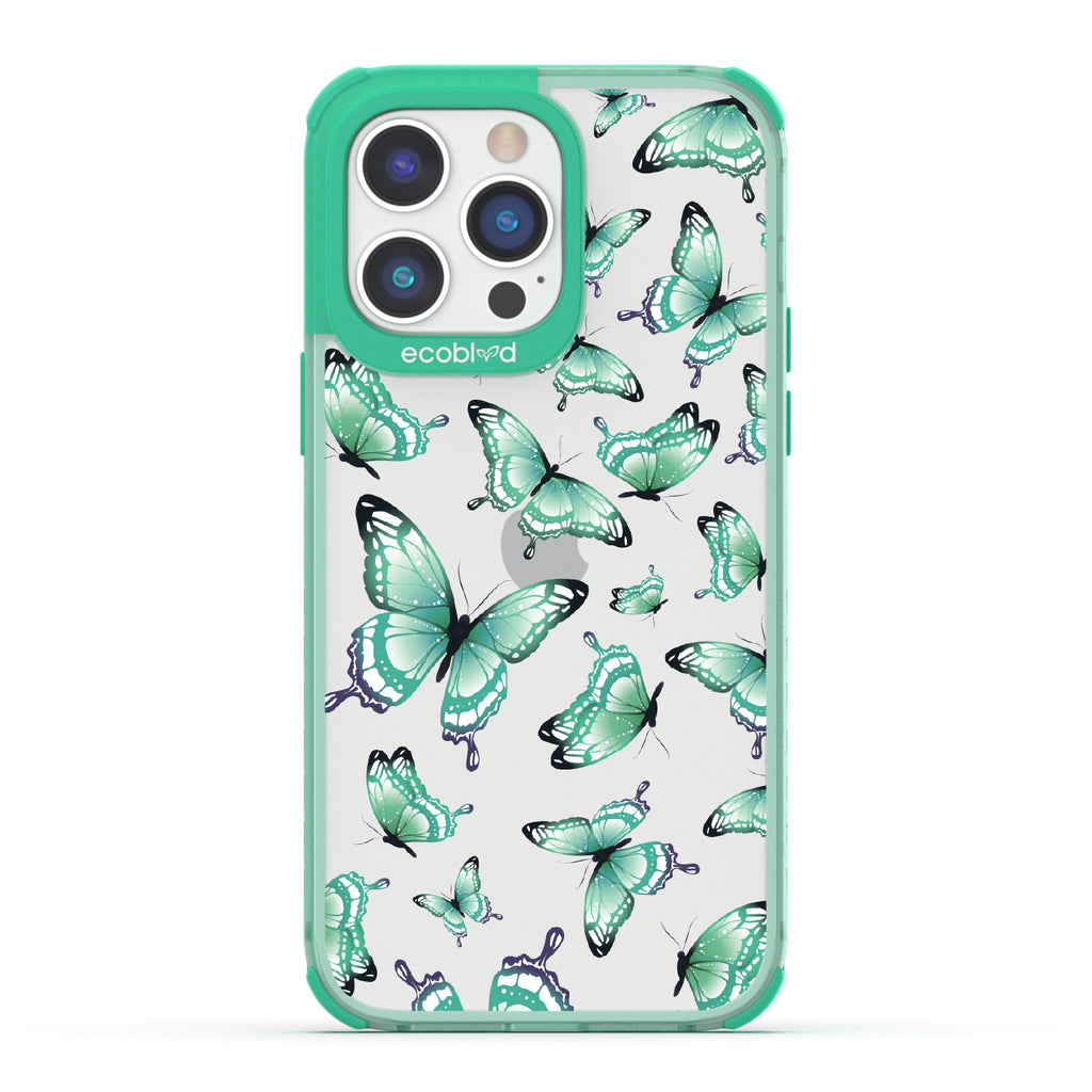 Social Butterfly - Green Eco-Friendly iPhone 14 Pro Max Case With Green Butterflies On A Clear Back - Compostable