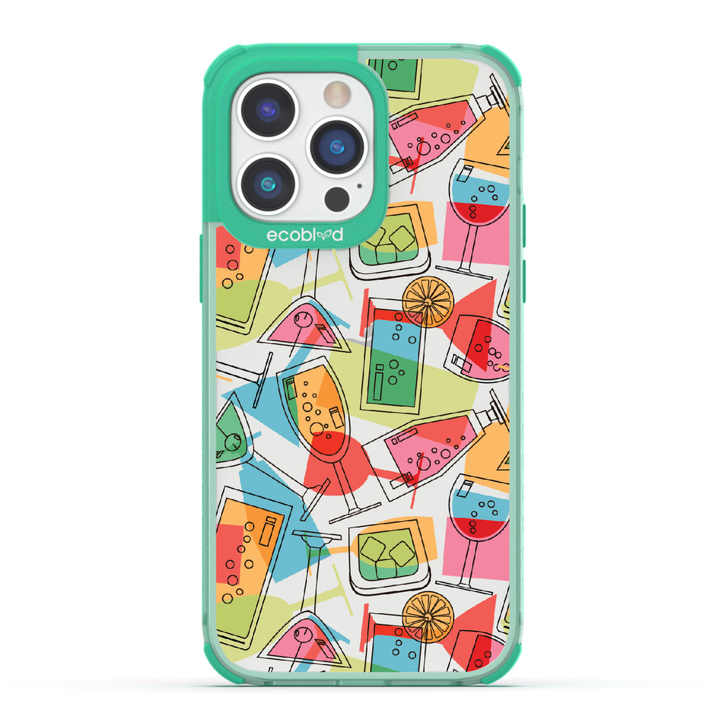 5 O’clock Somewhere - Green Eco-Friendly iPhone 14 Pro Max Case With Cocktails, Martinis & Tropical Drinks On A Clear Back