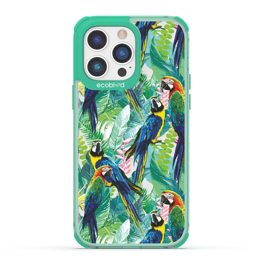 Macaw Medley - Green Eco-Friendly iPhone 14 Pro Max Case With Macaws & Tropical Leaves On A Clear Back