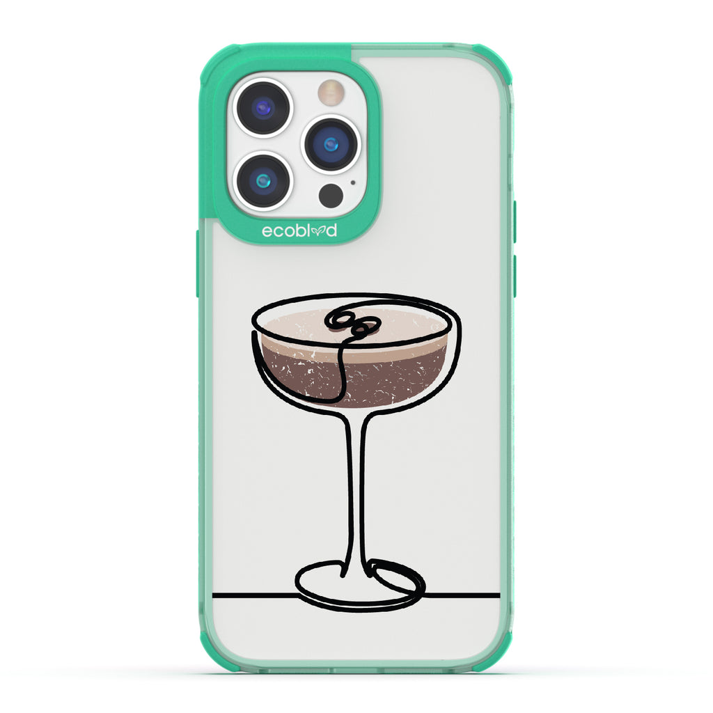 iPhone 14 Pro Max case, clear eco-friendly phone case with green ridges, back view, Brewtini design