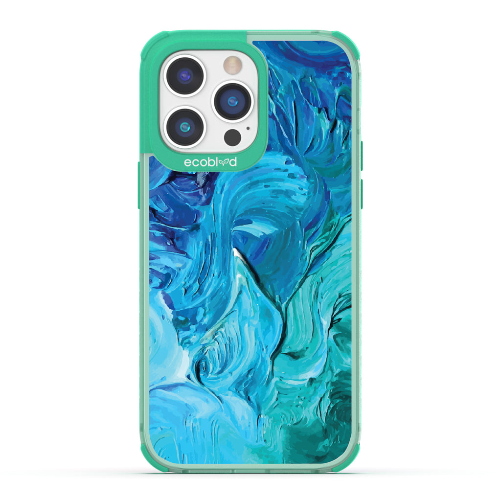 iPhone 14 Pro Max case, clear eco-friendly phone case with green ridges, back view, Oceanswept design