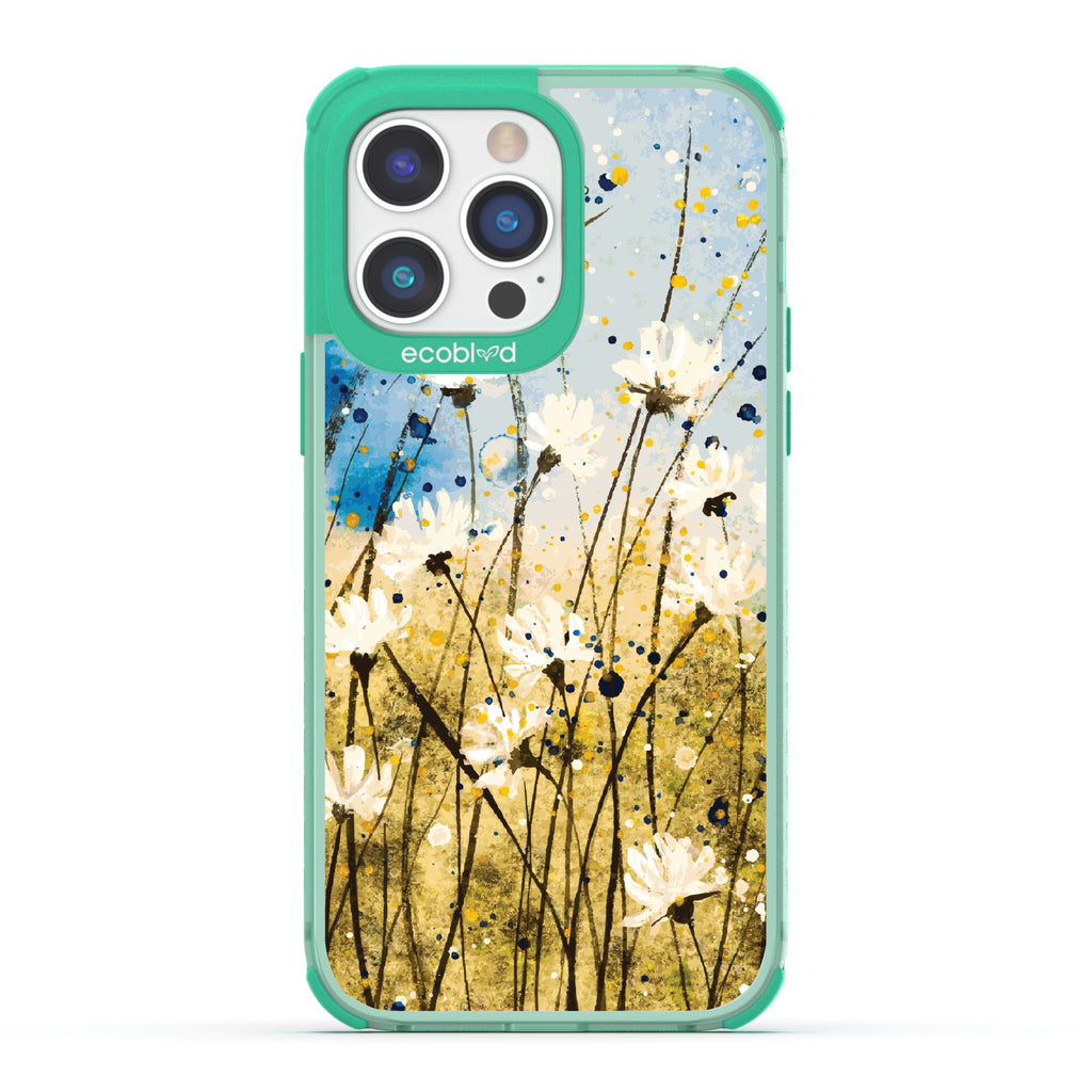 iPhone 14 Pro Max case, clear eco-friendly phone case with green ridges, back view, Dandelion Dance design