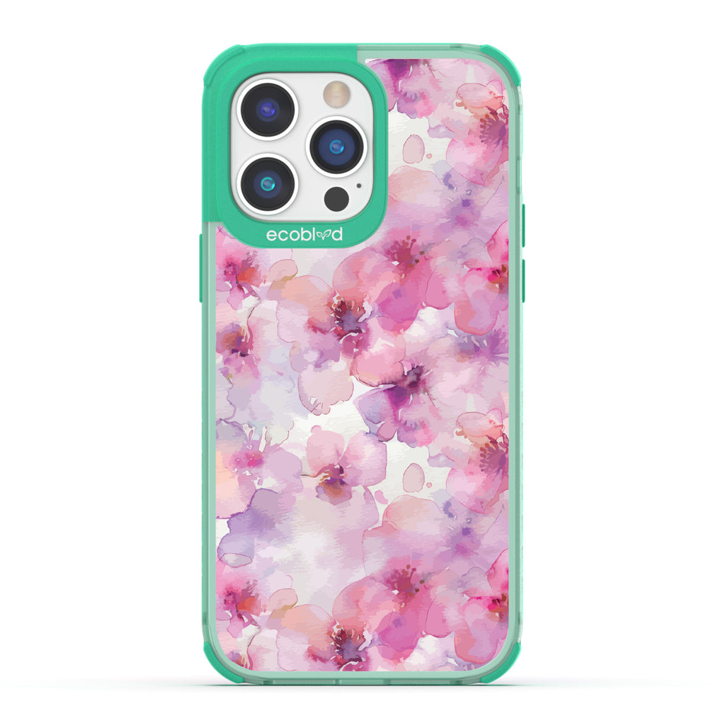 iPhone 14 Pro Max case, clear eco-friendly phone case with green ridges, back view, Rosewater design