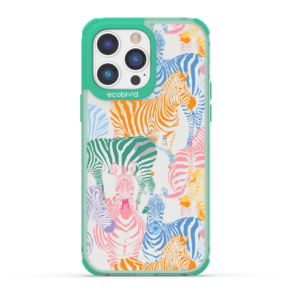 Colorful Herd - Green Eco-Friendly iPhone 14 Pro Max Case With Zebras in Multiple Colors On A Clear Back