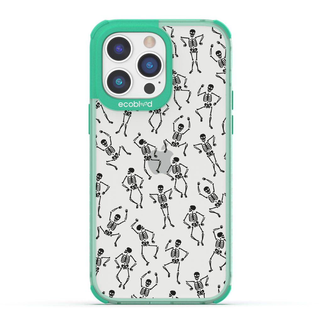 Boogie Man - Dancing Skeletons - Eco-Friendly Clear iPhone 14 Pro Case With Green Rim