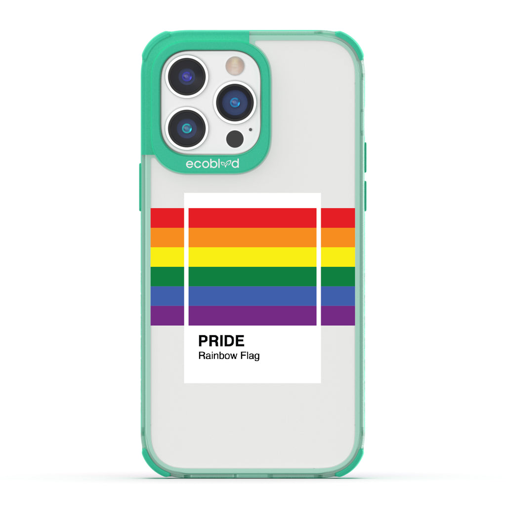 Colors Of Unity - Green Eco-Friendly iPhone 14 Pro Case With Pride Rainbow Flag As Pantone Swatch On A Clear Back