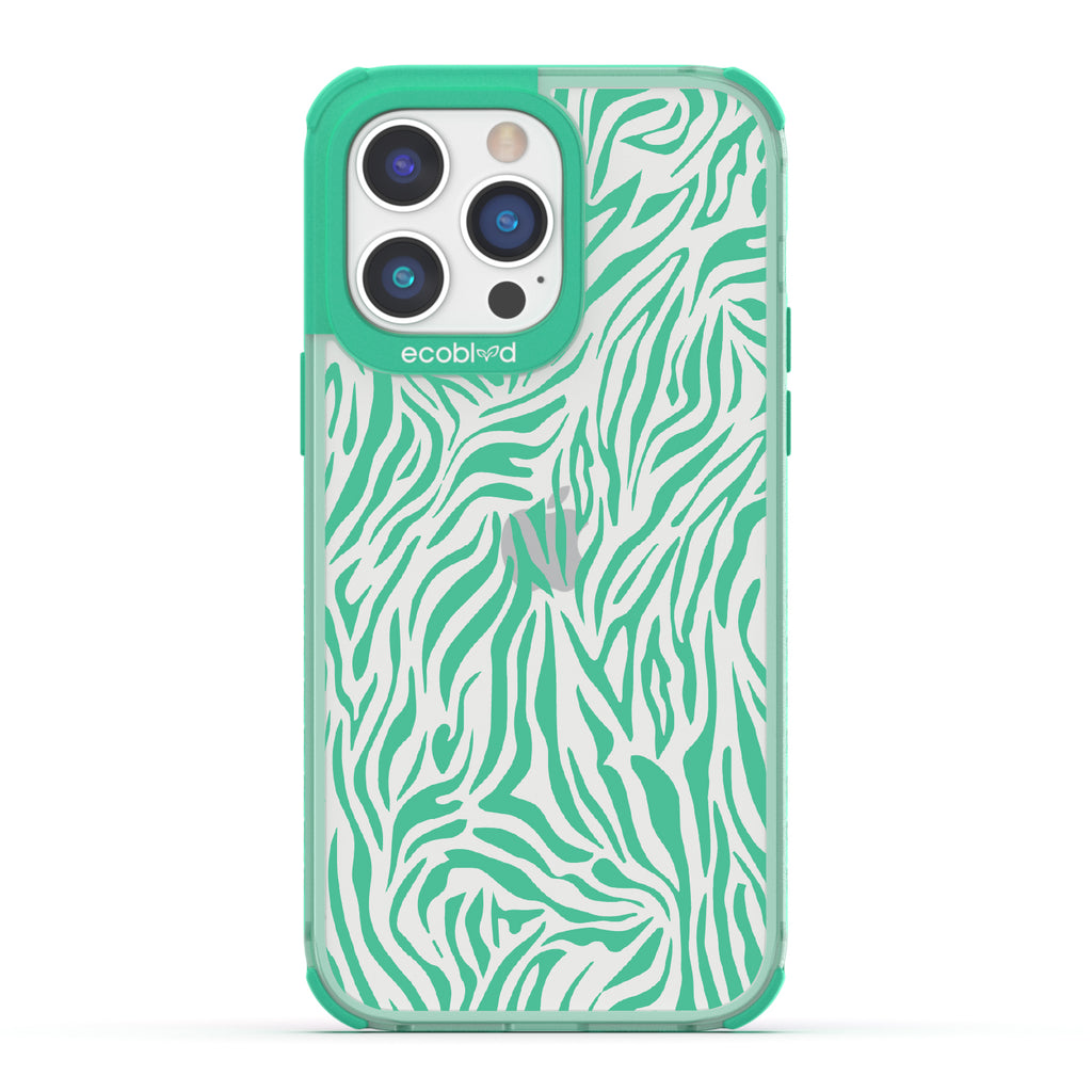 Zebra Print - Green Eco-Friendly iPhone 14 Pro Case With Green Zebra Print On A Clear Back