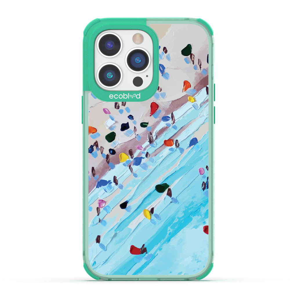 iPhone 14 Pro Max case, clear eco-friendly phone case with green ridges, back view, Waves of Color design