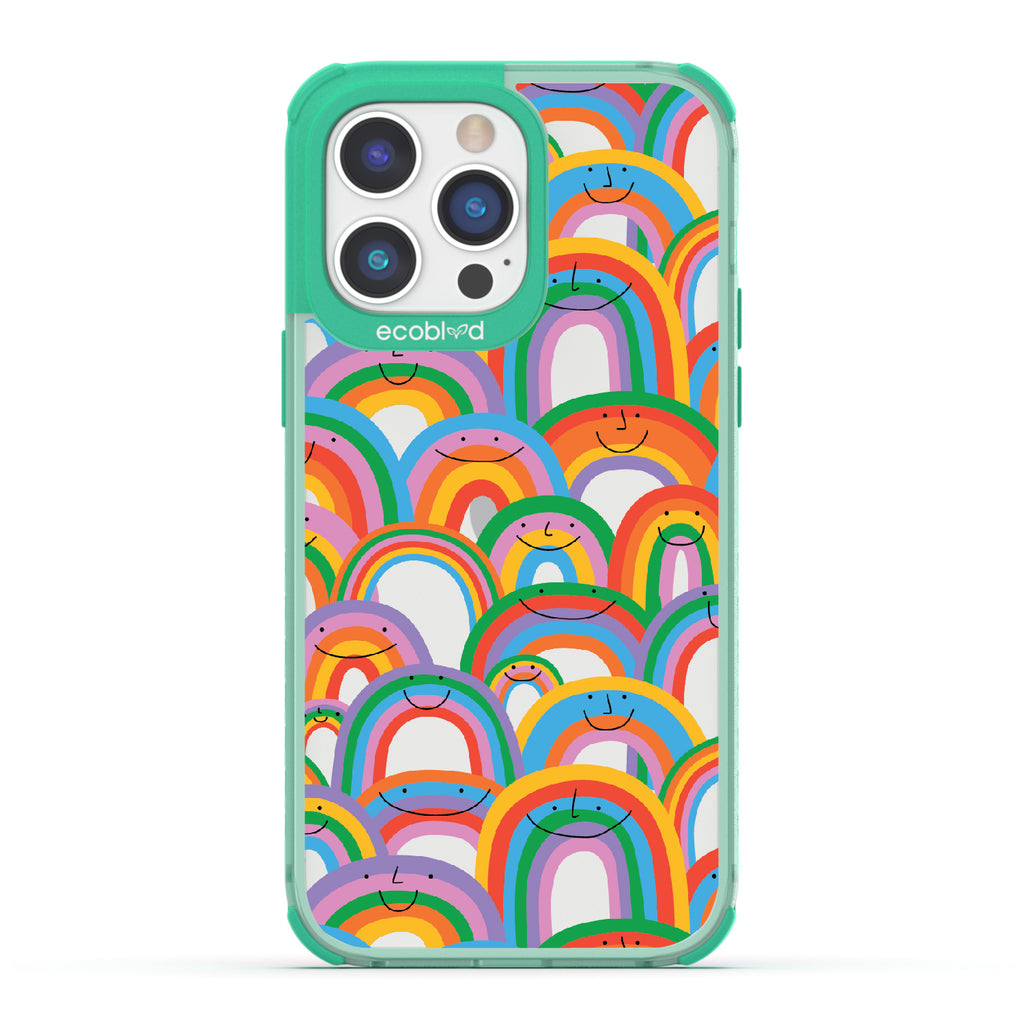 Prideful Smiles - Green Eco-Friendly iPhone 14 Pro Case With Rainbows That Have Smiley Faces On A Clear Back