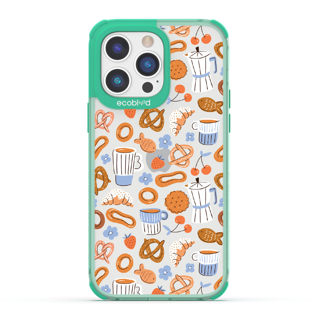 iPhone 14 Pro Max case, clear eco-friendly phone case with green ridges, back view, The Breakfast Club design