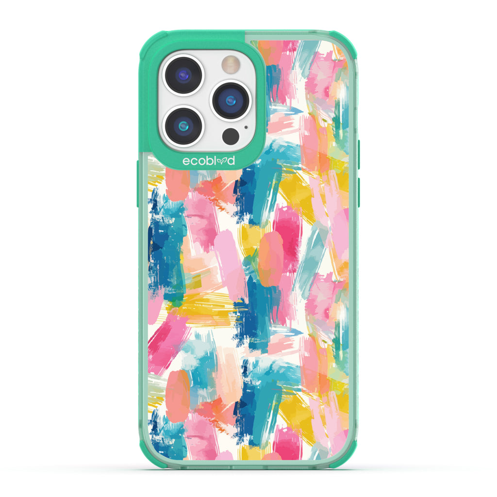 iPhone 14 Pro Max case, clear eco-friendly phone case with green ridges, back view, Blurred Beauty design