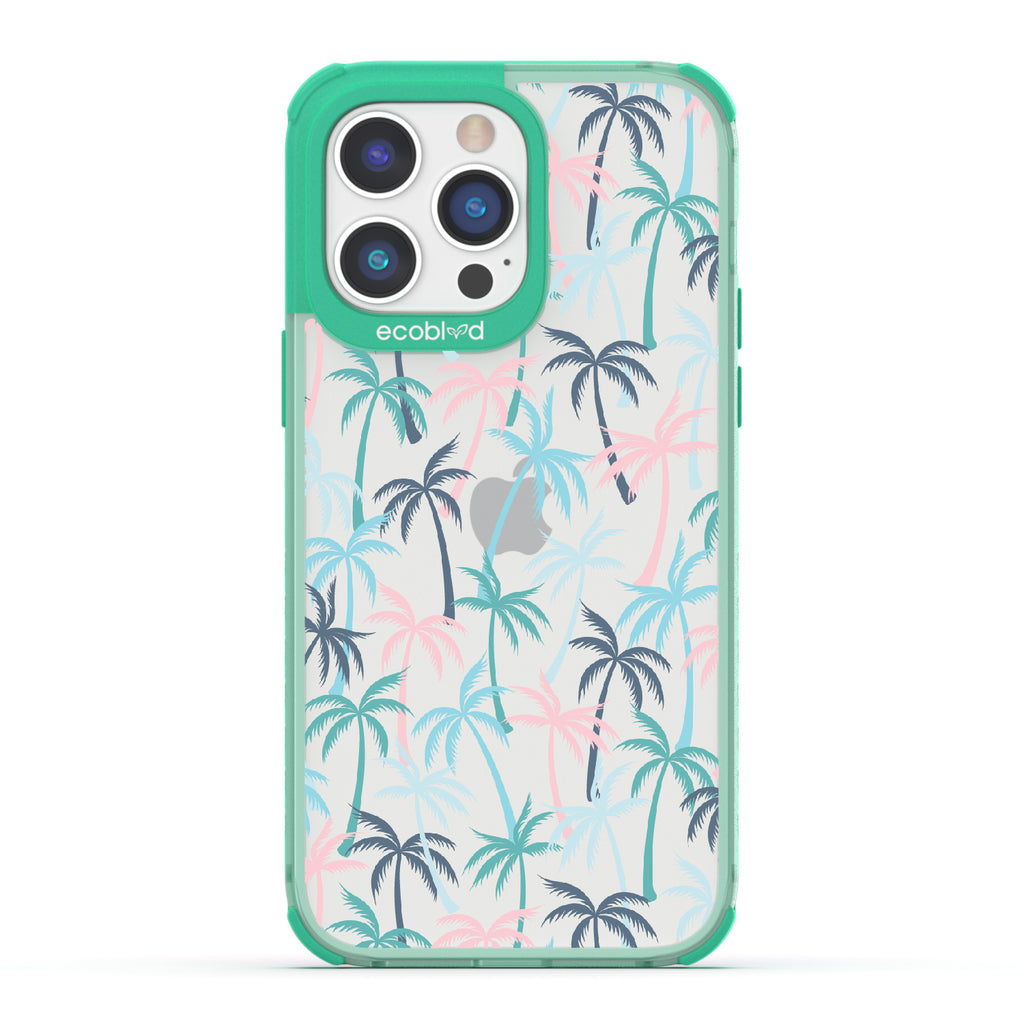 Cruel Summer - Green Eco-Friendly iPhone 14 Pro Case With Hotline Miami Colored Tropical Palm Trees On A Clear Back
