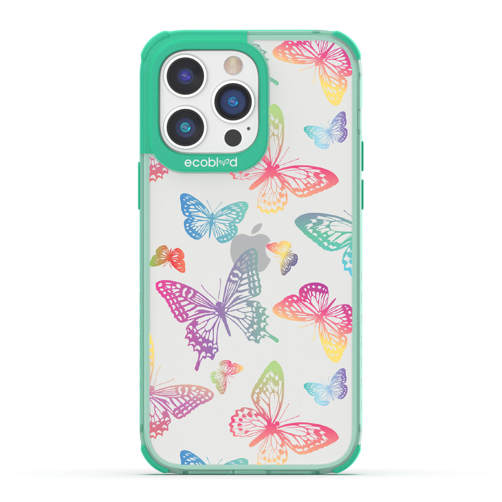 Butterfly Effect - Green Eco-Friendly iPhone 14 Pro Case With Multi-Colored Neon Butterflies On A Clear Back